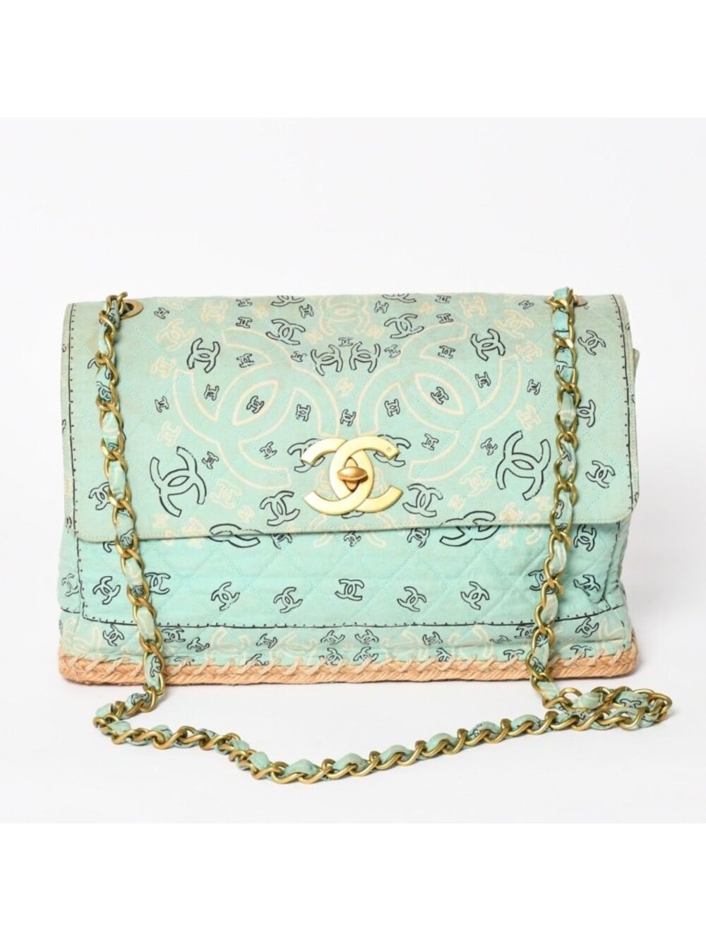 Chanel Maxi Quilted 33 S Flap S Chain Shoulder Bag CC Logo Paisley Light Blue